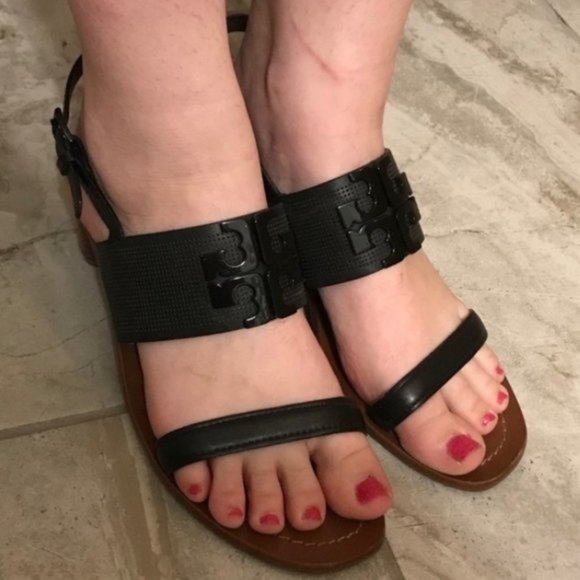 Tory Burch Lowell 2 Perforated Leather Heel Black Size 10.5 - Picture 2 of 12